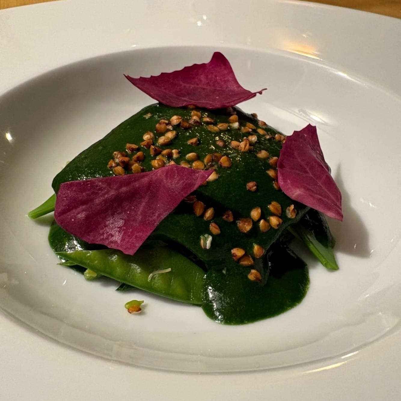 Légumes verts, feuilles pourpres et éclats croquants dans une assiette creuse